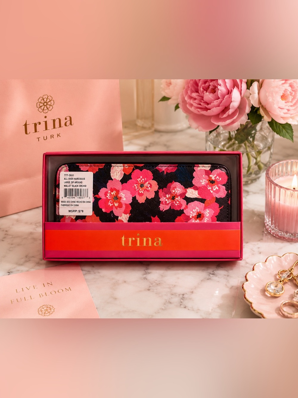 NWT Trina Turk "All Over Narcissus" Large Zip-Around Wallet in Box